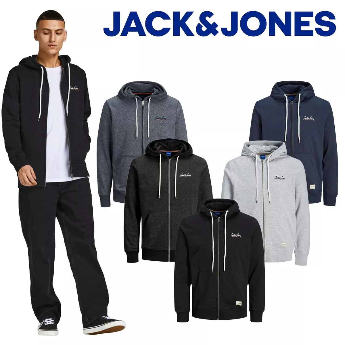 Jack & Jones Mens Sweatshirt Zip Up Hoodie Long Sleeve Sweat