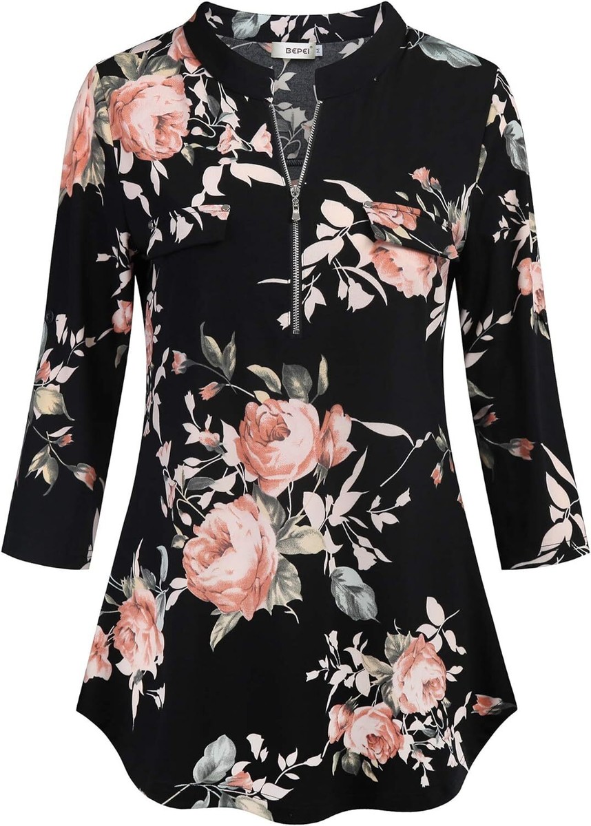 BEPEI Womens Floral 3/4 Sleeve Shirts Zip up V Neck Work X-Large