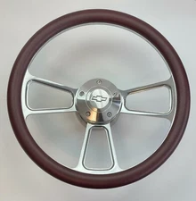 DARK BURGUNDY Half Wrap 14" BILLET Steering wheel + adaptor + CHEVY Horn Button