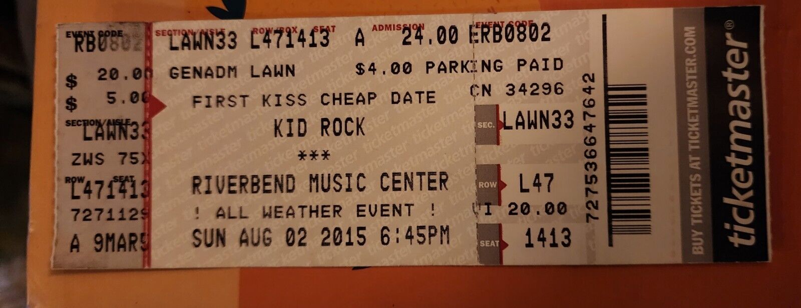 Used Kid Rock Concert Ticket Stub -8/2/2015 Riverbend Music Center  Ohio