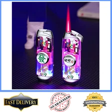 Windproof Gas Lighter, Red Flame, Transparent Body, LED Colorful Lights, Spinner