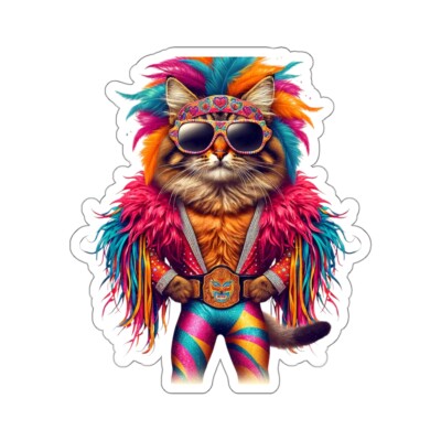 Sticker Retro Style Whimsical Macho Cat Professional Wrestling 2x2 3x3 4x4 6x6
