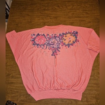 Vintage 80s 90s Floral & Ribbon Batwing Blouse Tshirt Top Peach 1x 2x 3x D7