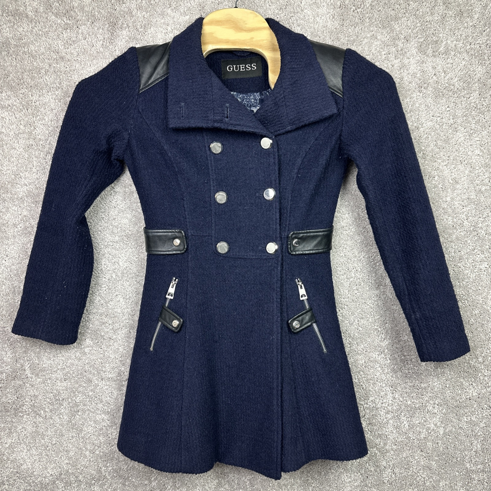 GUESS Peacoat Jacket Women's Wool Blend Double Breasted Navy Size Small