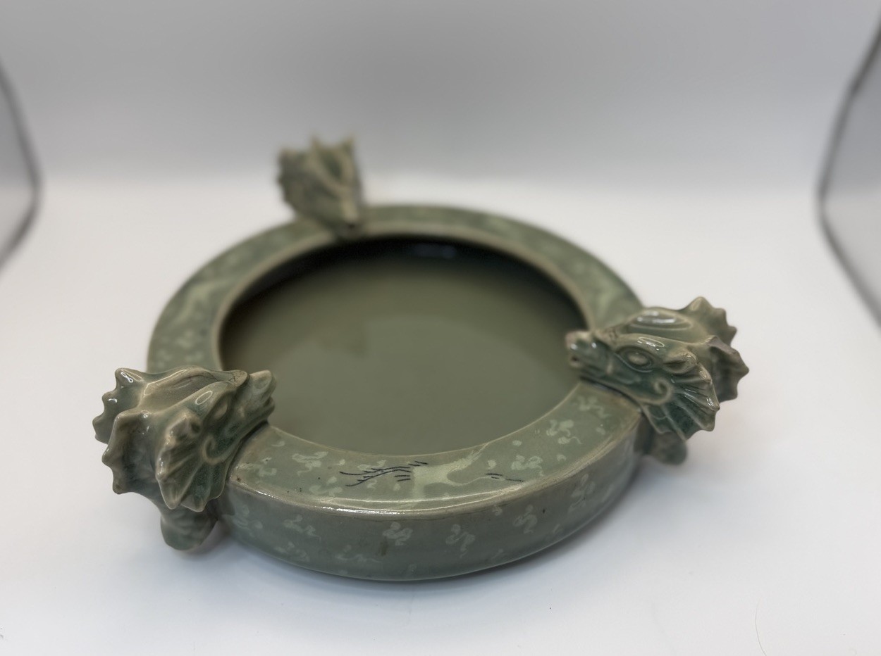 ANTIQUE KOREAN EWHA WOMANS U INLAID CELADON GLAZED POTTERY BRUSH WASH ASHTRAY 7”