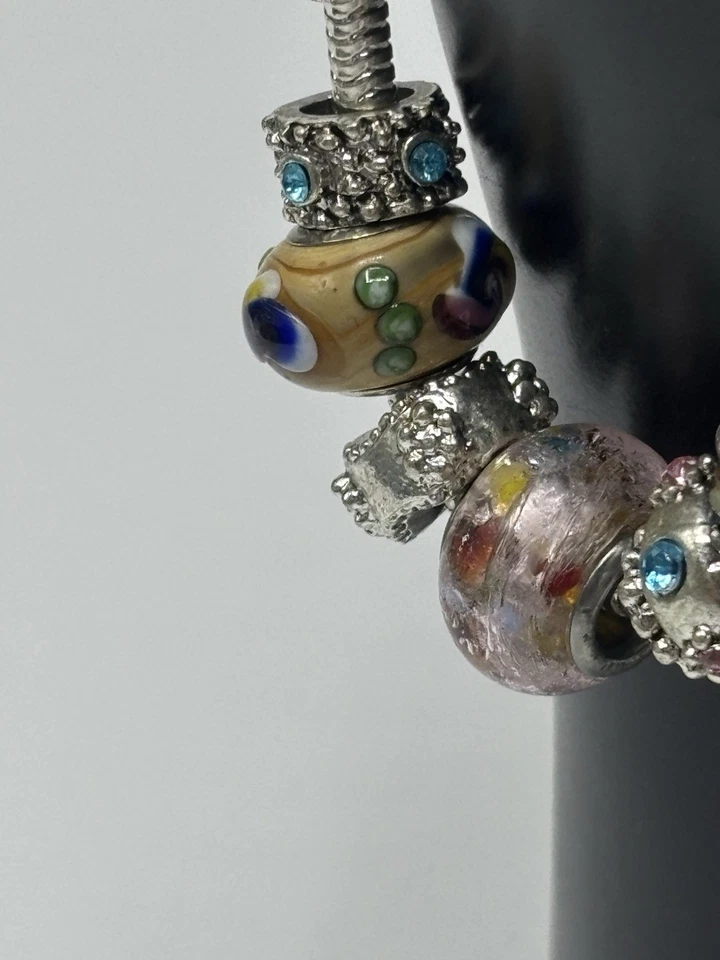 Glass Bead Charm Bracelet Silver Tone Multi-Colored Toggle Clasp Fashion Jewelry - Image 3 of 4