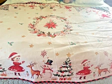 Christmas Tablecloth Oval 60× 82 inch  Poly Blend  Vintage Print