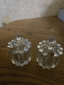 2 Heisey Glass Crystolite Condiment Jar Covers with Ribbed Edges With T/Spoon 
