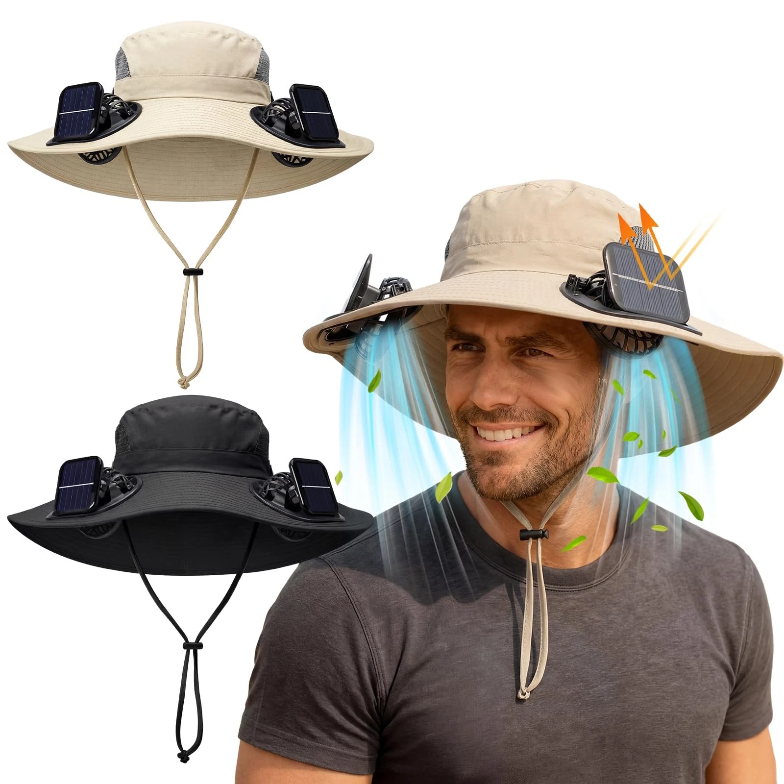 2 Pcs Solar Fan Hat for Men Women Fishing Hat with 2 Fans Wide Brim Outdoor S...
