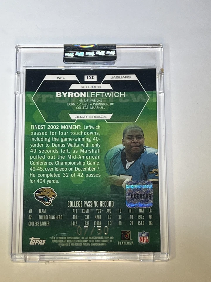 Tarjeta autógrafa de novato Topps Finest Gold X-Fractor Byron Leftwich 2003 #07/50 Foto 2 de 4
