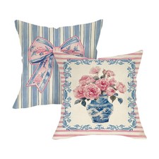 Pink Rose Flower Bow Decorative Throw Pillow Covers 18 x 18 Set of 2, Chinois...
