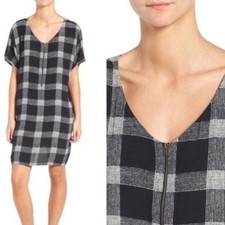 Madewell Dress Black White Buffalo Check Plaid Zip Front Tunic Mini Size XXS