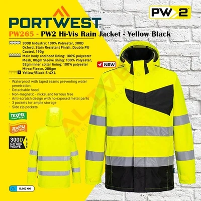 Portwest PW265 PW2 Hi-Vis Rain Jacket Waterproof Hooded Coat - Yellow Black