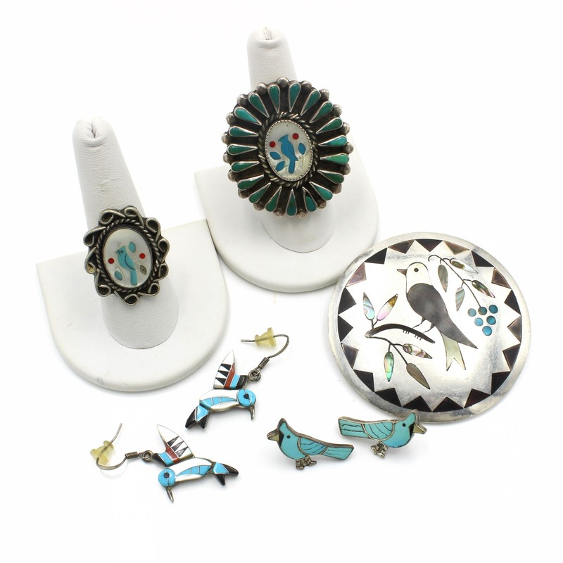 Southwest Sterling Turquoise Agate MOP Rings Pendant Earrings Lot of 5 #S5469-5