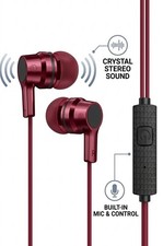 Stereo Earbuds W Built-in Microphone 3.5mm Jack Metallic Red Noise Isolation