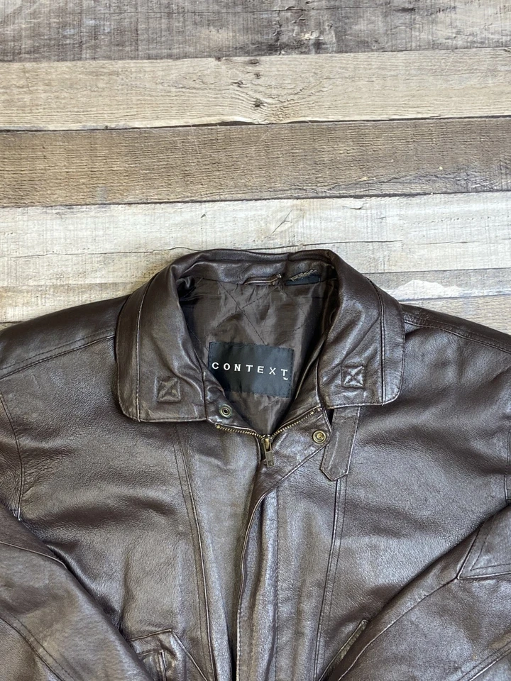 Chaqueta Context Marrón Cuero Genuino Cremallera Completa Para Hombre M Flight Bomber Y2K Forrada Foto 2 de 4