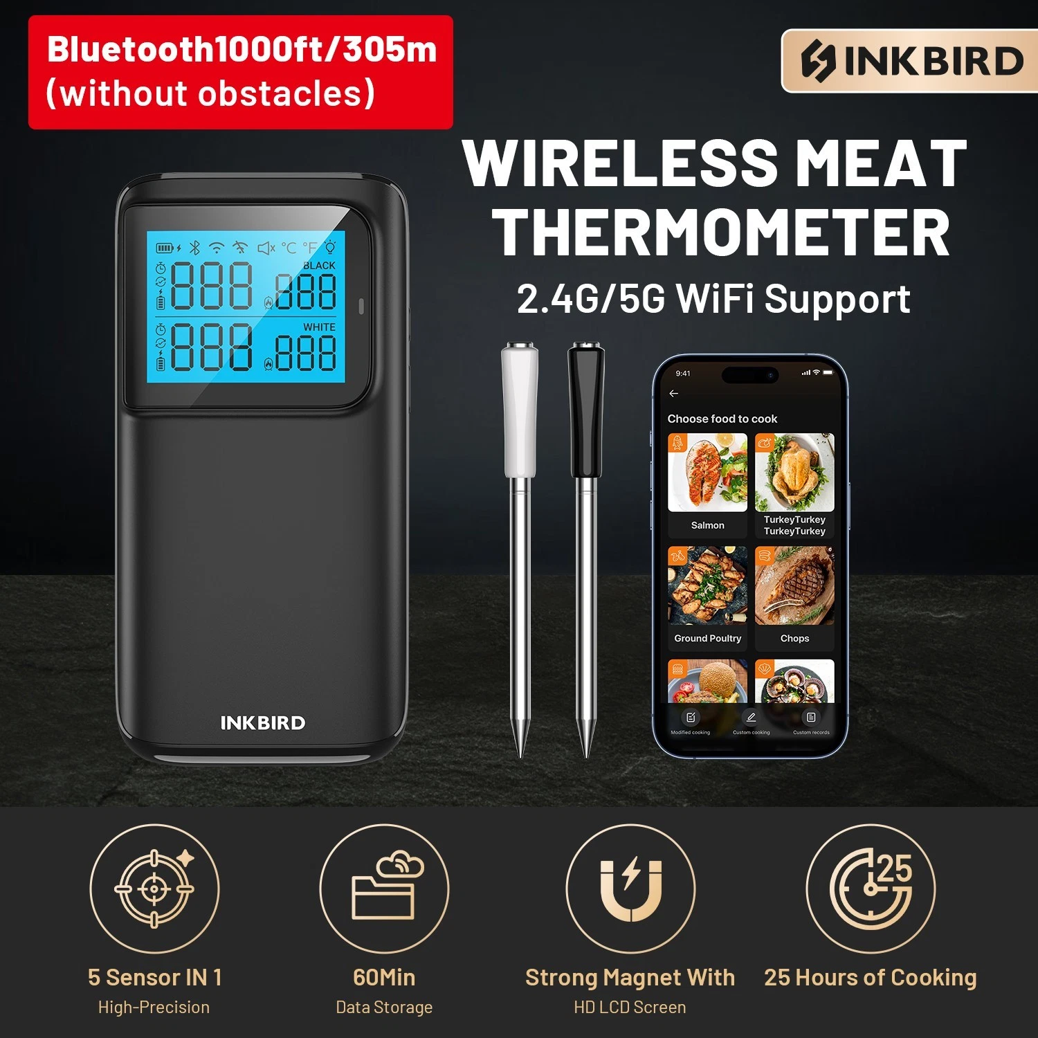 INKBIRD 305 m/1000ft Wireless BBQ Thermometer 25H Cooking Time 5G WiFi Connect
Opens in a new window
