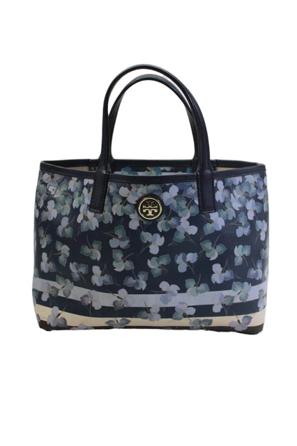 Tory Burch Womens Coated Canvas Floral Print Small Shoulder Tote Handbag Blue