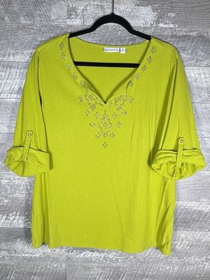 Susan Graver Green Beaded Roll Sleeve Distressed Flowy Top Size M Artist Painter