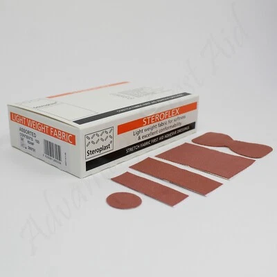 STEROFLEX BY STEROPLAST Stretch Fabric First Aid Plasters. Light Weight Steroflex: 5 Sizes in Box of 100