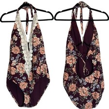 Kona Sol Floral Crochet Burgundy Boho Halter Low Cut One Piece Swimsuit XL