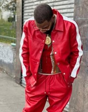 Men's Brayden PU Leather Track Suit Sweatsuit Style Red/White