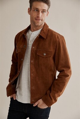 Brown Leather Trucker Jacket for Men Pure Suede Custom Made Size