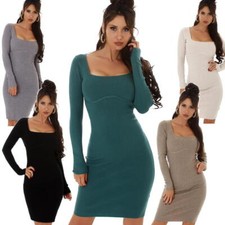 Damen Strickkleid Pulloverkleid Bodycon Eckiger Ausschnitt Midi Ripp Stretch 36
