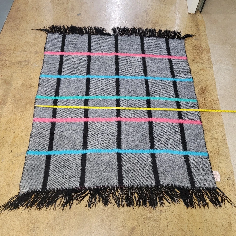 Biederlack Throw Blanket Grid Pattern Fringe Gray Black Blue Pink 58x44.5 - Image 4 of 4
