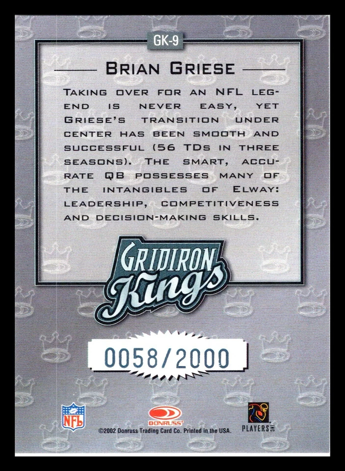 2002 Donruss #GK-9 Brian Griese Gridiron Kings #/2000 Denver Broncos - Image 2 of 2