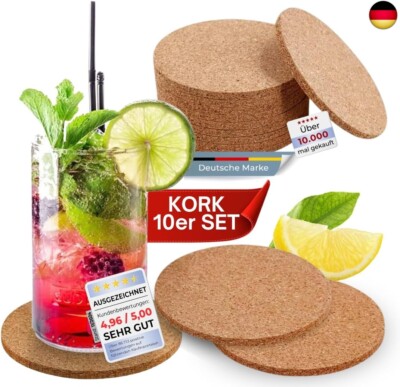 wortek Untersetzer Gläser Korkuntersetzer rund - 10er Set Kork Untersetzer 10cm 