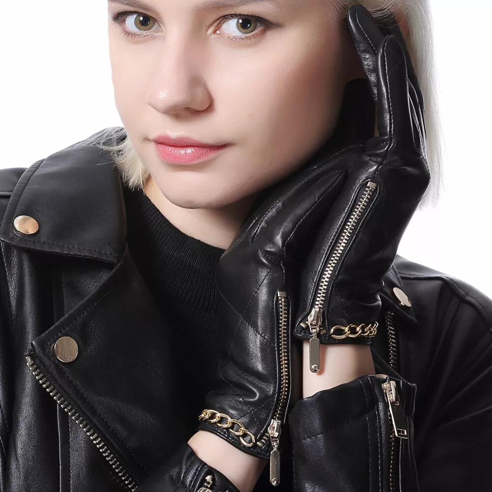 Women Winter Warm Side Zipper Grid With Chain Real Leather Gloves