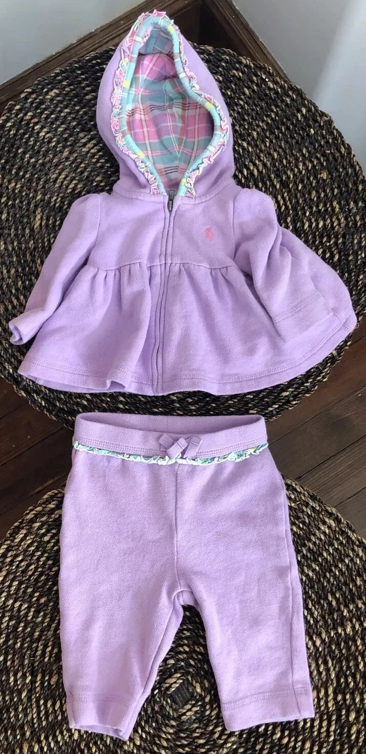 Ralph Lauren Sweatsuit Baby Infant Girls 2 Piece Purple Ruffle SZ 3M Plaid Trim