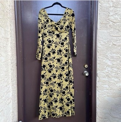 Glamorous Olive Green Black Floral Long Sleeve Maxi Dress 90 s Style VTG VibeSz6