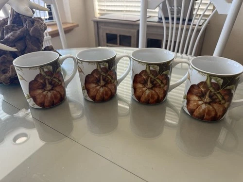 Williams Sonoma Botanical Pumpkin LARGE Mugs Set of 4 Brand New In BOX  14 OZ