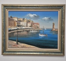 Dekoratives Ölgemälde Hafenansicht & Boote – signiert „Nicolay“ – 50×40