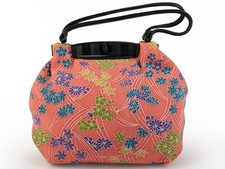 VTG Japanese Kinchaku Style Kimono Kitsuke Handbag Floral Pink Chirimen