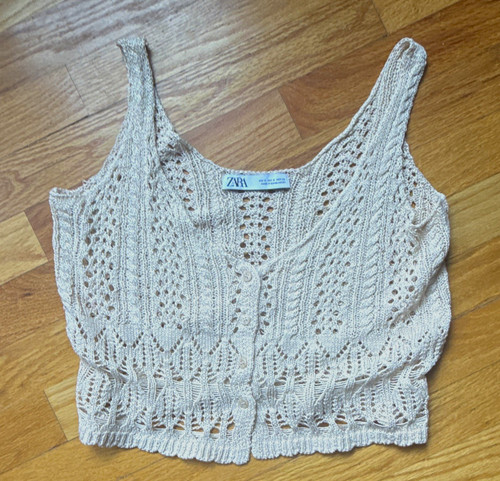 Zara Beige Open-Knit Button-Front V-Neck Sleeveless Sweater Vest Size S