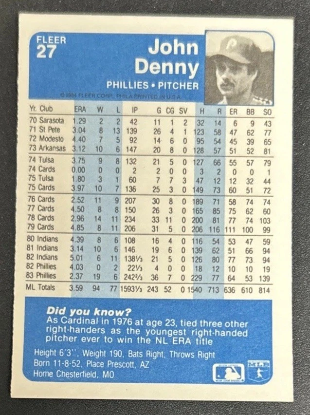 1984 Fleer John Denny Baseball Card #27 Phillies Pitcher GD O/C - Image 2 of 2