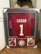 Nick Saban Signed Alabama Crimson Tide Football Red Football Jersey Framed