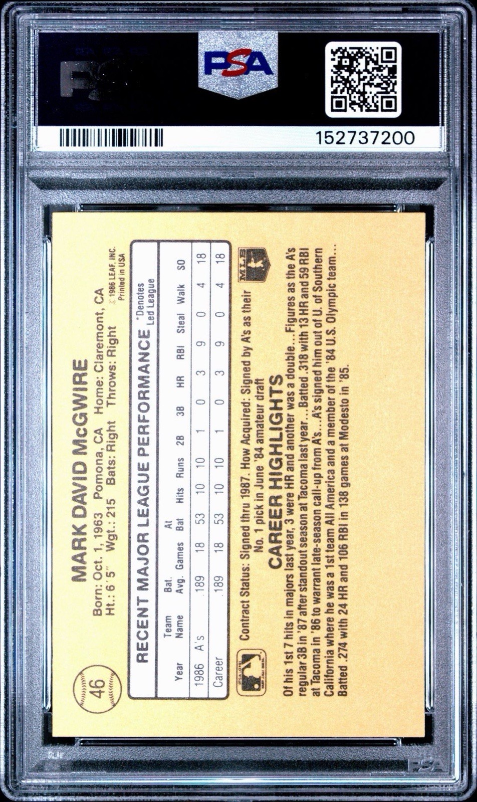 1987 DONRUSS RATED ROOKIE MARK MCGWIRE #46 PSA 9 FRESH SLAB! view 2