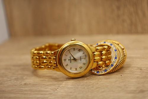 Peugeot 688 Women Gold Bangle Watch 5 Interchangeable Bezels- New Battery