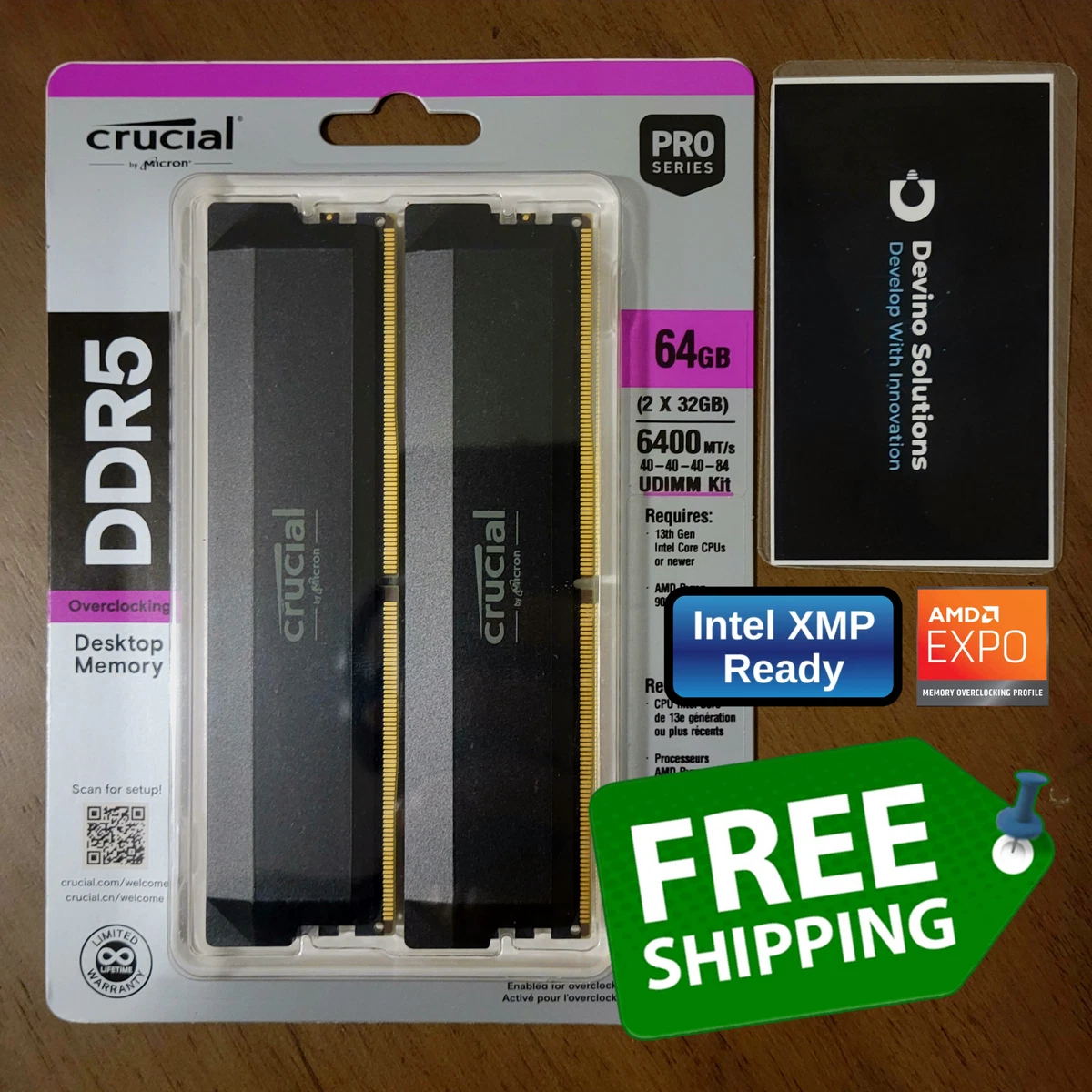Crucial Pro OC DDR5 RAM 64GB Kit (2x32GB) 6400MHz CL40 XMP 3.0