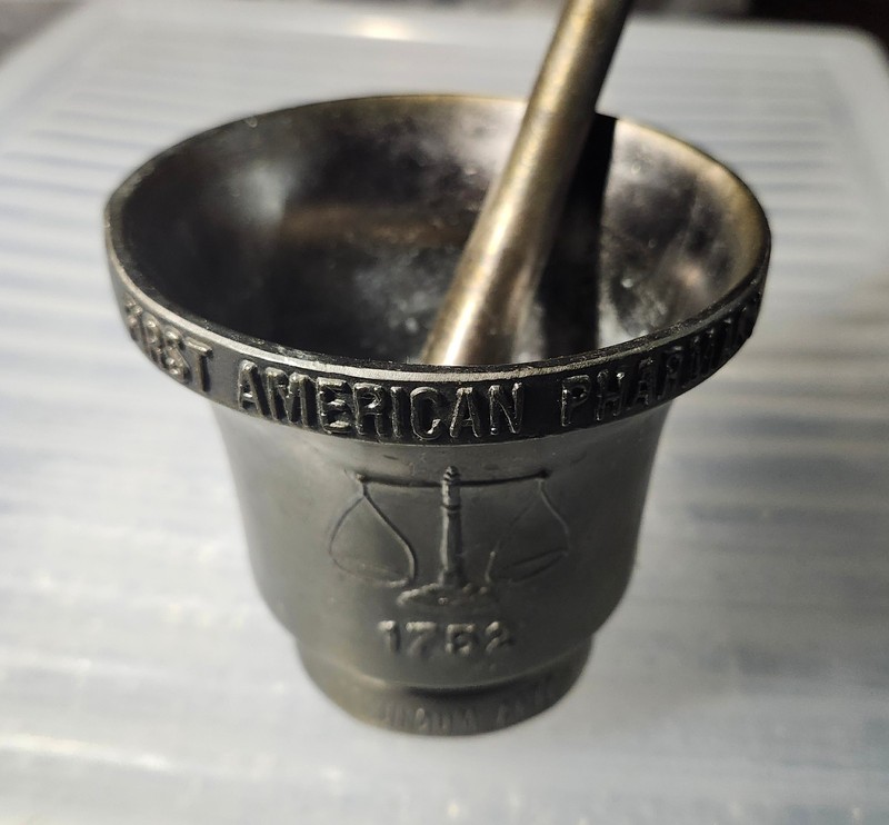 Vintage Brass Pharmacy Mortar And Coricidin Pestle 1752 First American Pharmacy 