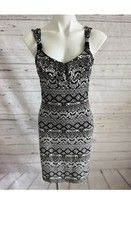 White House Black Market Sheath Dress SIZE XS Geometric Black Tan Ruffle Front