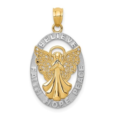 14k Yellow Gold White Rhodium BELIEVE PEACE FAITH HOPE Filigree Angel Pendant