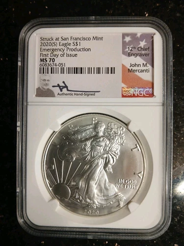 2020 (S) SILVER EAGLE NGC MS70 ER STRUCK AT SAN FRANCISCO EMERGENCY PRODUCTION