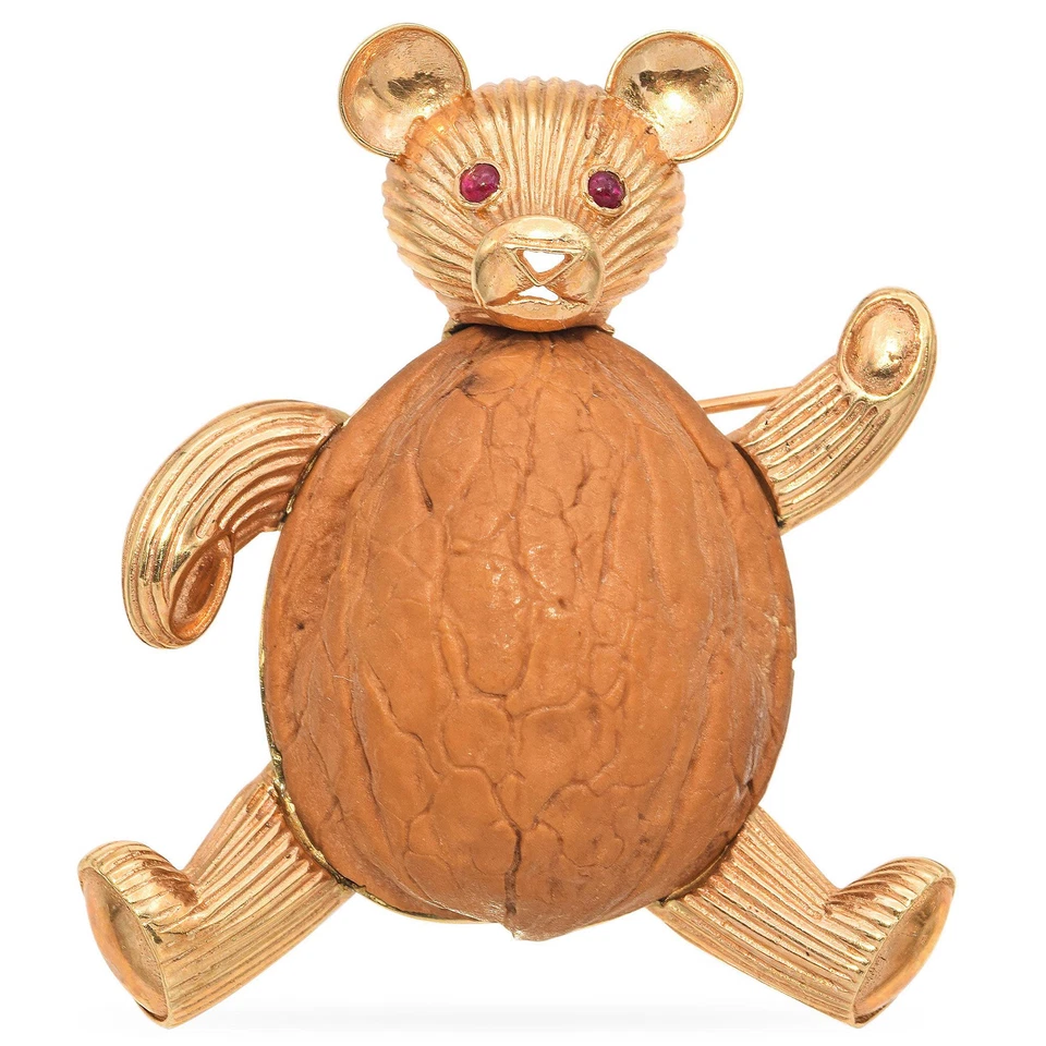 Broche de oso de peluche grande vintage Cellino oro amarillo ojos rubí y vientre de nogal