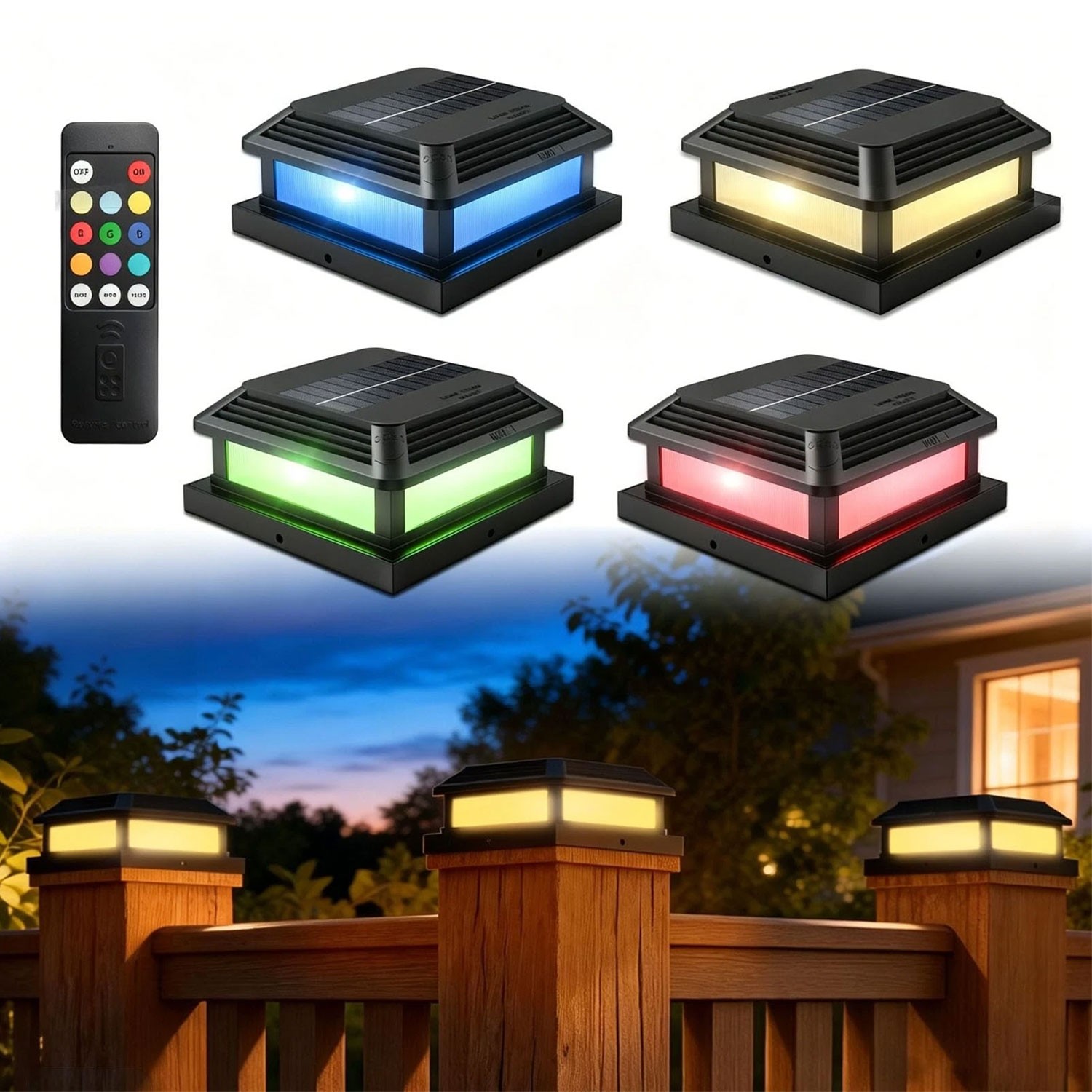 4x4" RGB Solar Post Cap Lights Outdoor w/ Remote 12 Modes Fence Garden Deck Lamp