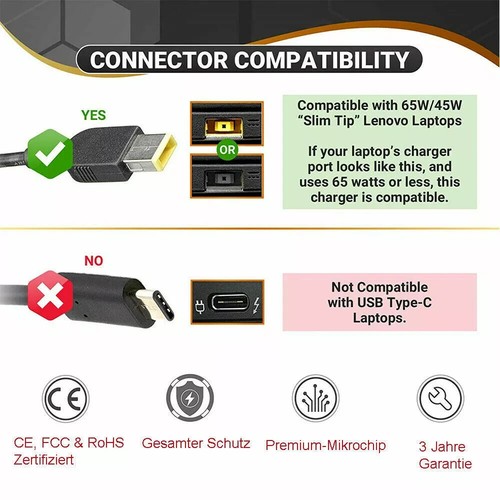 65W RECTANGLE TIP 20V - 3.25A Laptop AC Power Adapter Charger For Lenovo UK - Afbeelding 6 van 7
